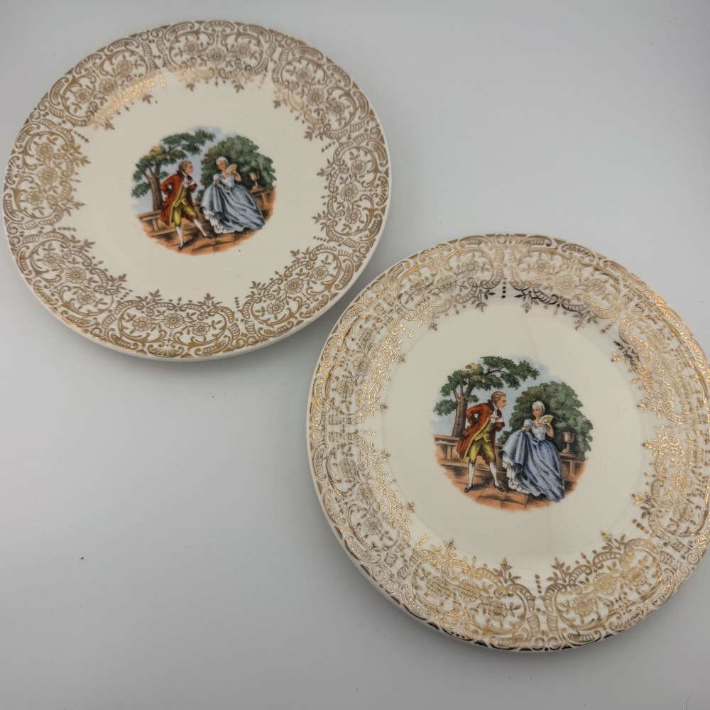 Sebring Pottery Chantilly 22K Gold Filigree Courting‎ Couple Plates Set of 2